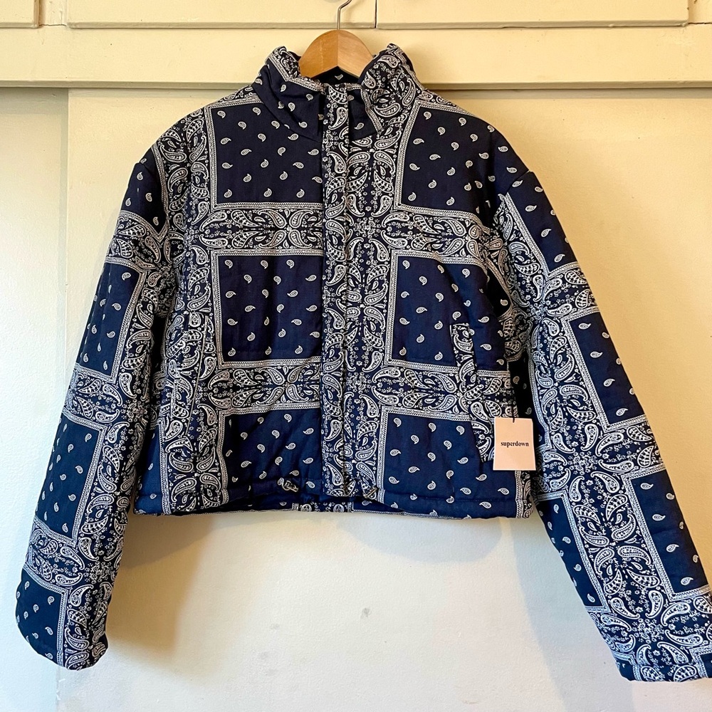 superdown Navy and White Patterned Puffer Jacket